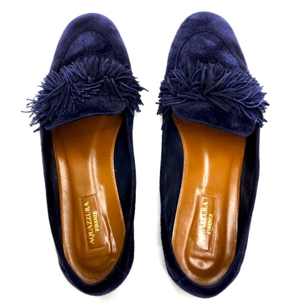 Aquazzura Wild Navy Blue Italian Suede Fringe Top Accent Almond-Toe Ballet Flats